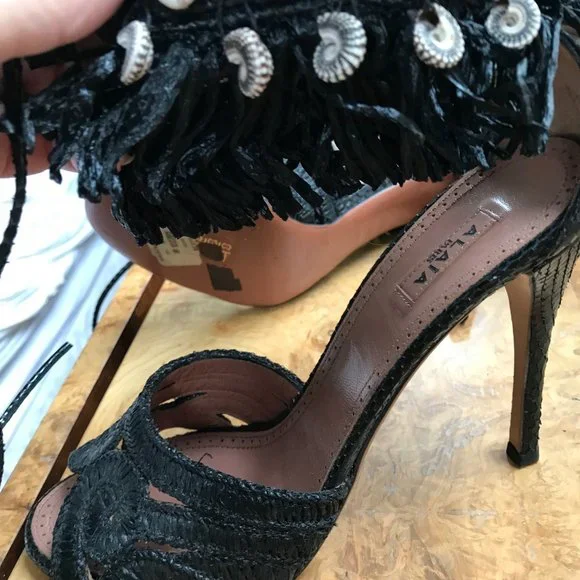 Azzedine Alaia Stilletos black with beads, fringe, woven straw, python leather 8 - Picture 3 of 11